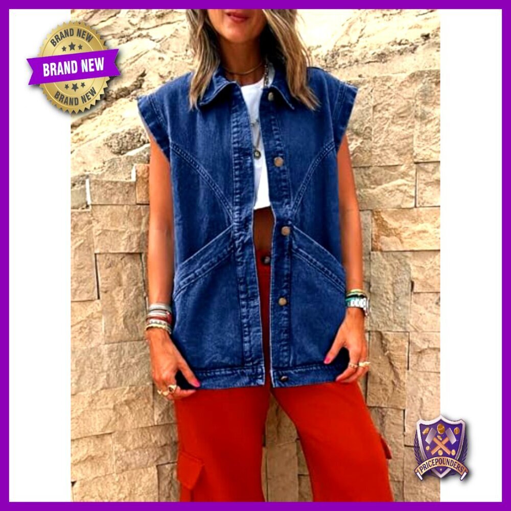 Oversized Denim Vest Sleeveless Button Down Utility Lapel Casual Vintage - Picture 5 of 7